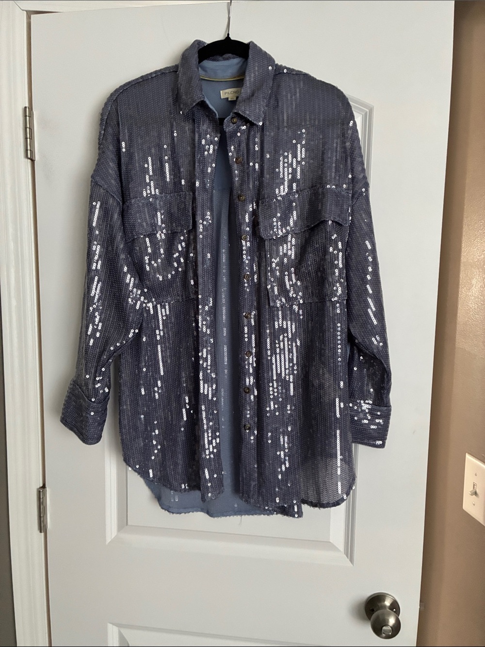 Pilcro Sequined Button-Down Shirt in Steel Blue